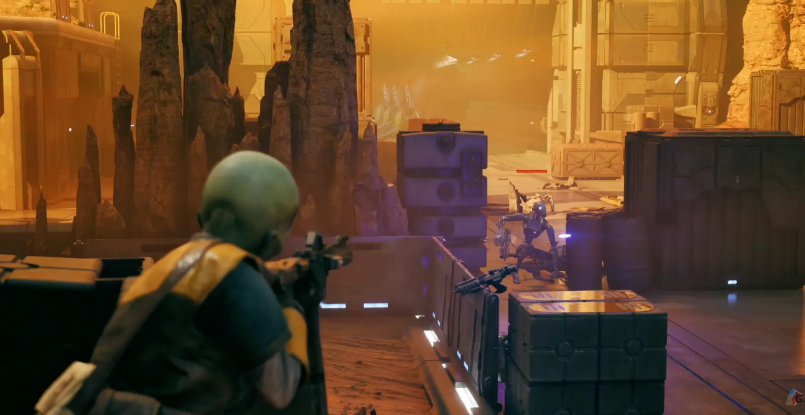 A Zero Company Operator aiming a blaster during a tactical mission